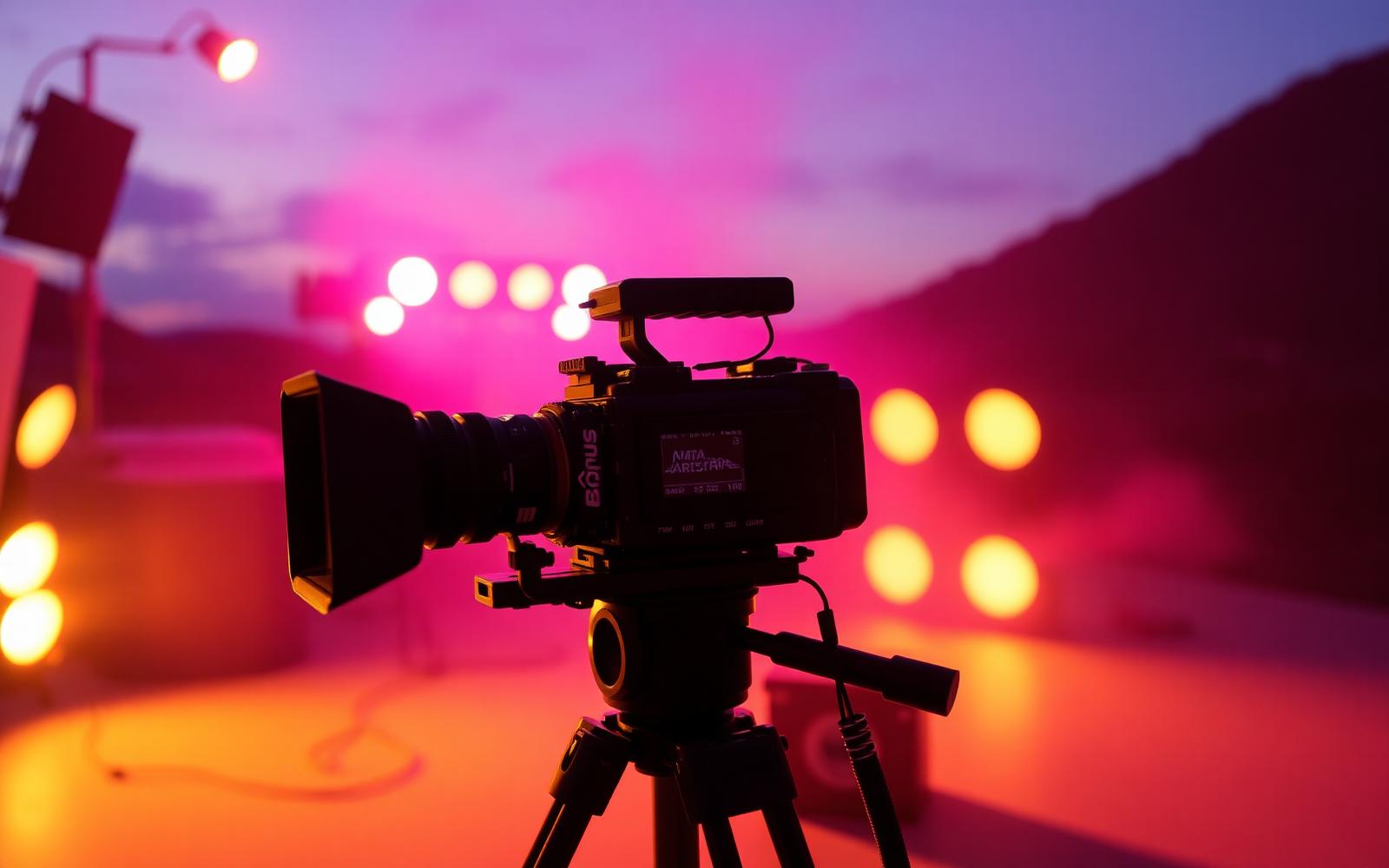 Cinema camera rig on a dusk film set with warm and magenta lights