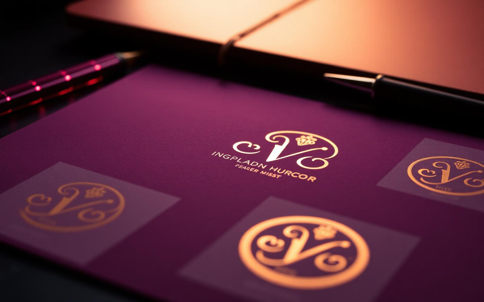 Gold foil logo concepts on deep plum paper in warm light